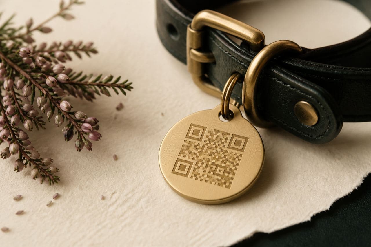 Brass eBionix Pets tag resting on linen